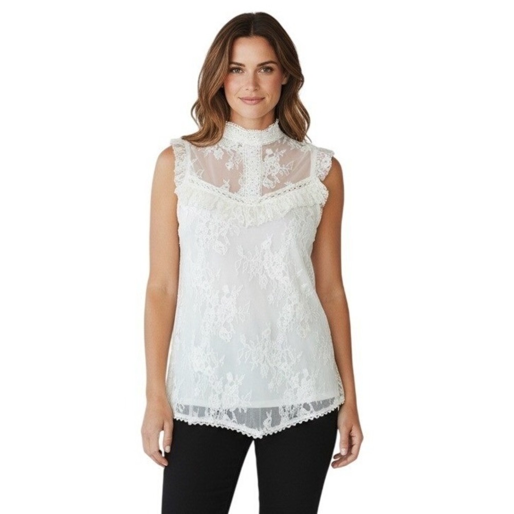 Black Swan White Floral Lace High Neck‎ Sleeveless Top Medium Cottage Victorian